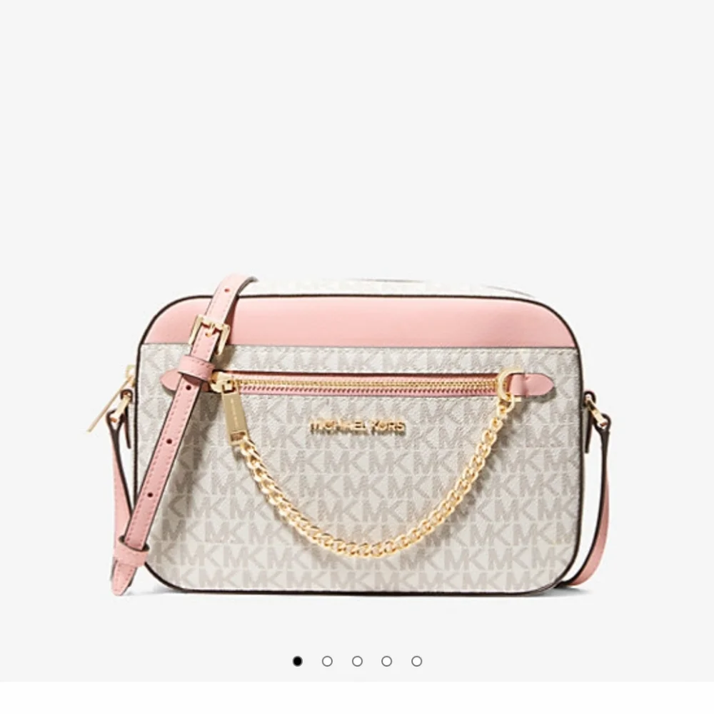 NWT Michael Kors Jet Set Large Pink White Logo Coated Canvas Crossbody Bag Purse - Picture 10 of 13